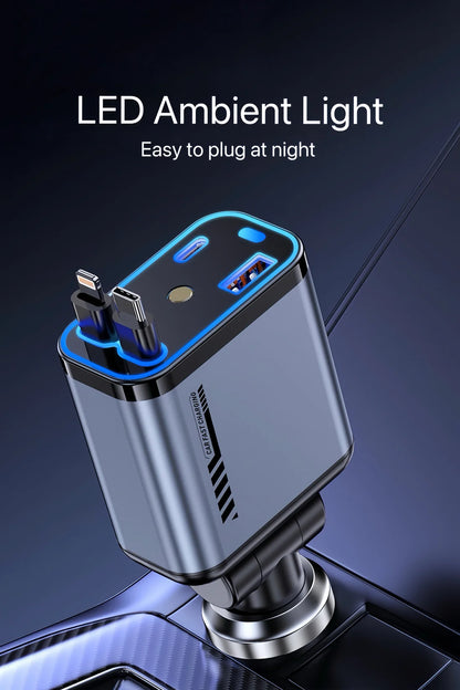 StarVolt Pro – 4-u-1 Auto Punjač sa 66W, Uvlačivim Kablovima i Zvezdanim Svetlom