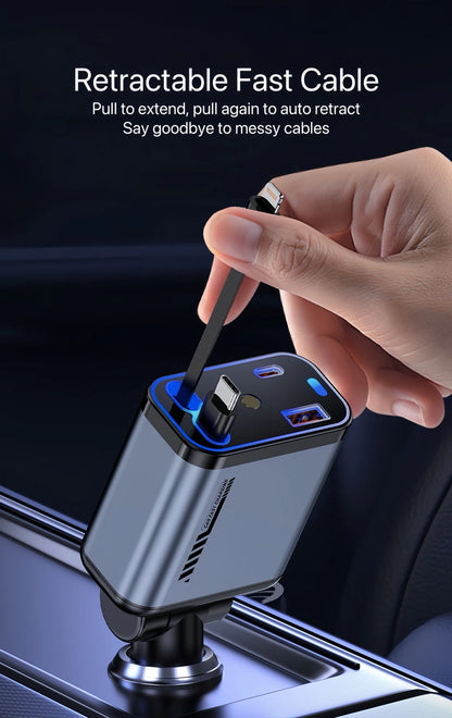 StarVolt Pro – 4-u-1 Auto Punjač sa 66W, Uvlačivim Kablovima i Zvezdanim Svetlom