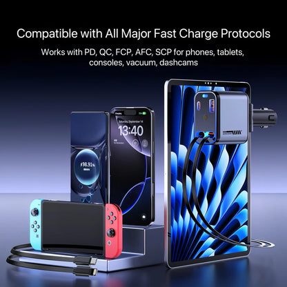 StarVolt Pro – 4-u-1 Auto Punjač sa 66W, Uvlačivim Kablovima i Zvezdanim Svetlom