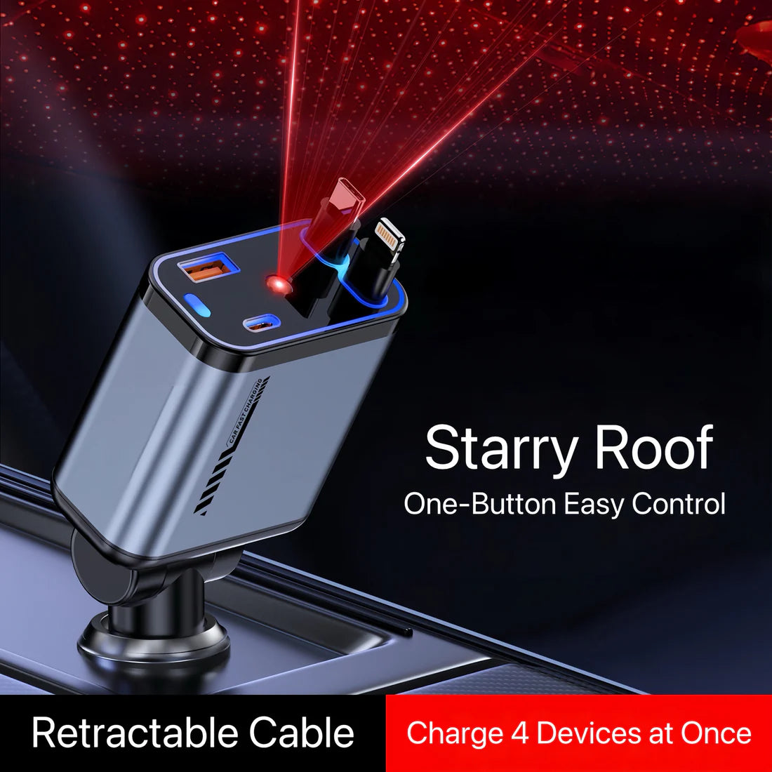 StarVolt Pro – 4-u-1 Auto Punjač sa 66W, Uvlačivim Kablovima i Zvezdanim Svetlom