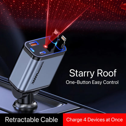 StarVolt Pro – 4-u-1 Auto Punjač sa 66W, Uvlačivim Kablovima i Zvezdanim Svetlom